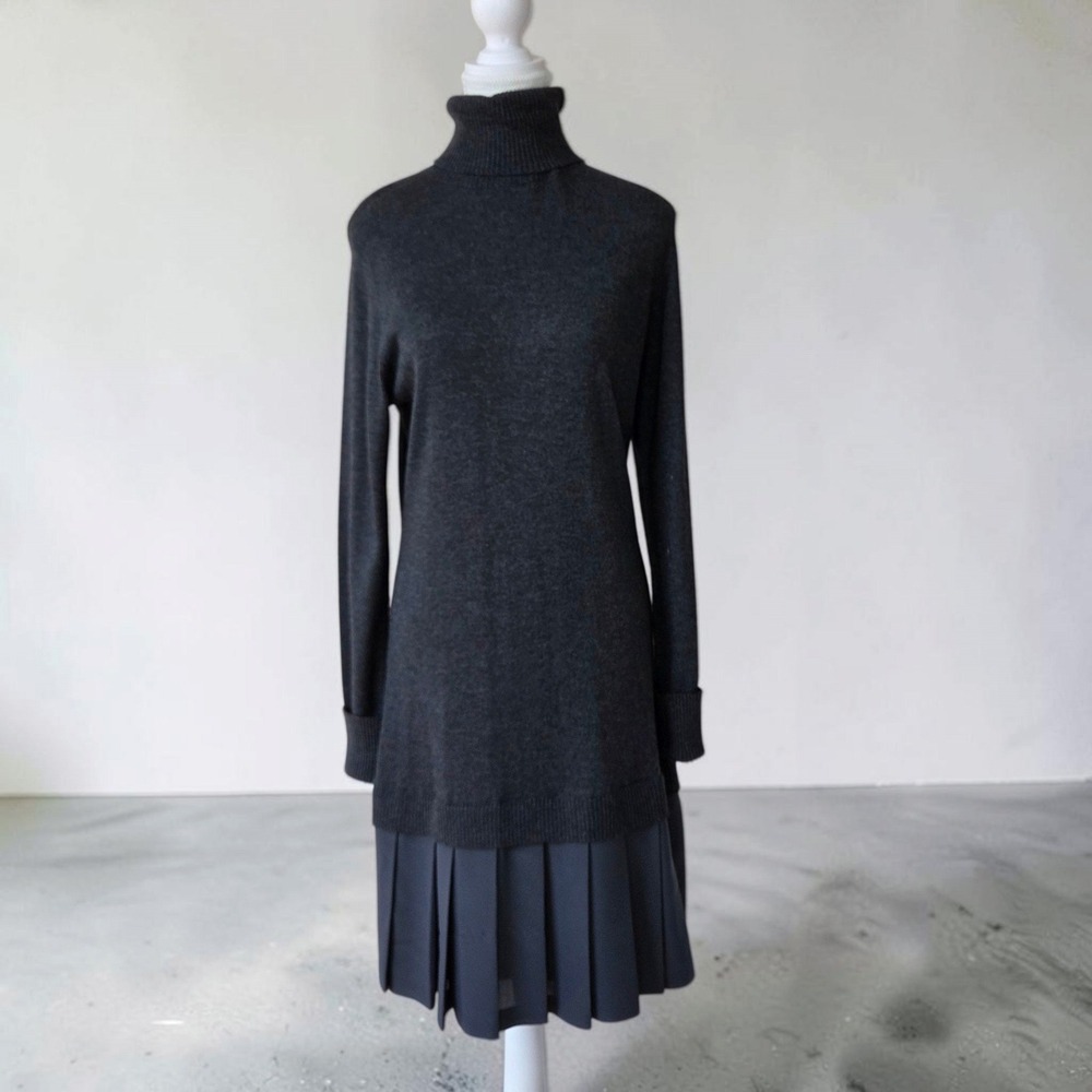 Soft Surroundings Chloe Turtleneck Sweater Dress Grey Pleated Hem Wool Knit